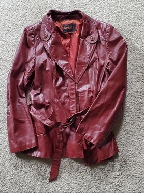 Vintage Dark Red Leather Belted Jacket